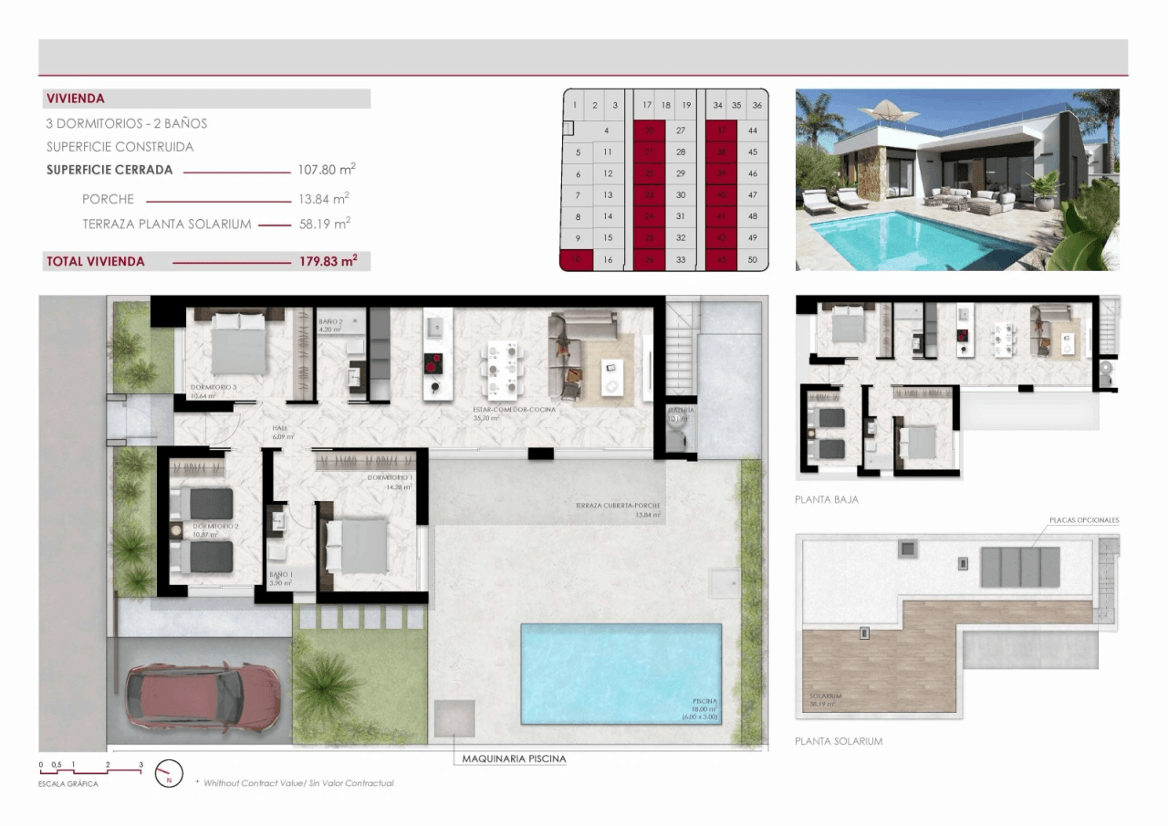 Villas plain-pied de 3 chambres avec toit-terrasse, cuisines équipées d’électroménagers, climatisation, parking privé et piscine privée