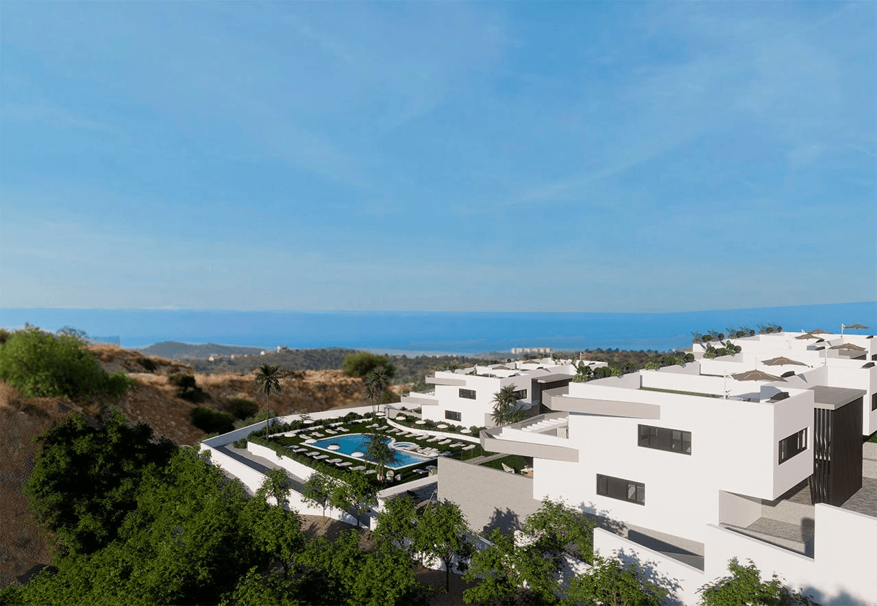 Appartements de 2 chambres au dernier étage avec 2 salles de bains, piscine communautaire et vue sur la mer