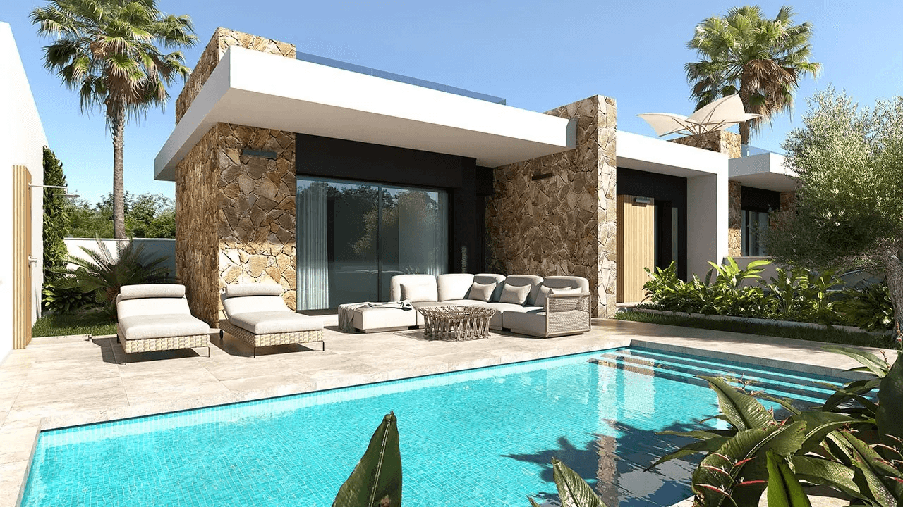Villas plain-pied de 3 chambres avec toit-terrasse, cuisines équipées d’électroménagers, climatisation, parking privé et piscine privée
