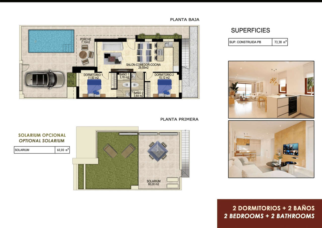 Maisons jumelées avec 2 chambres, 2 salles de bains, parking privée et piscine privée dans un complexe de golf