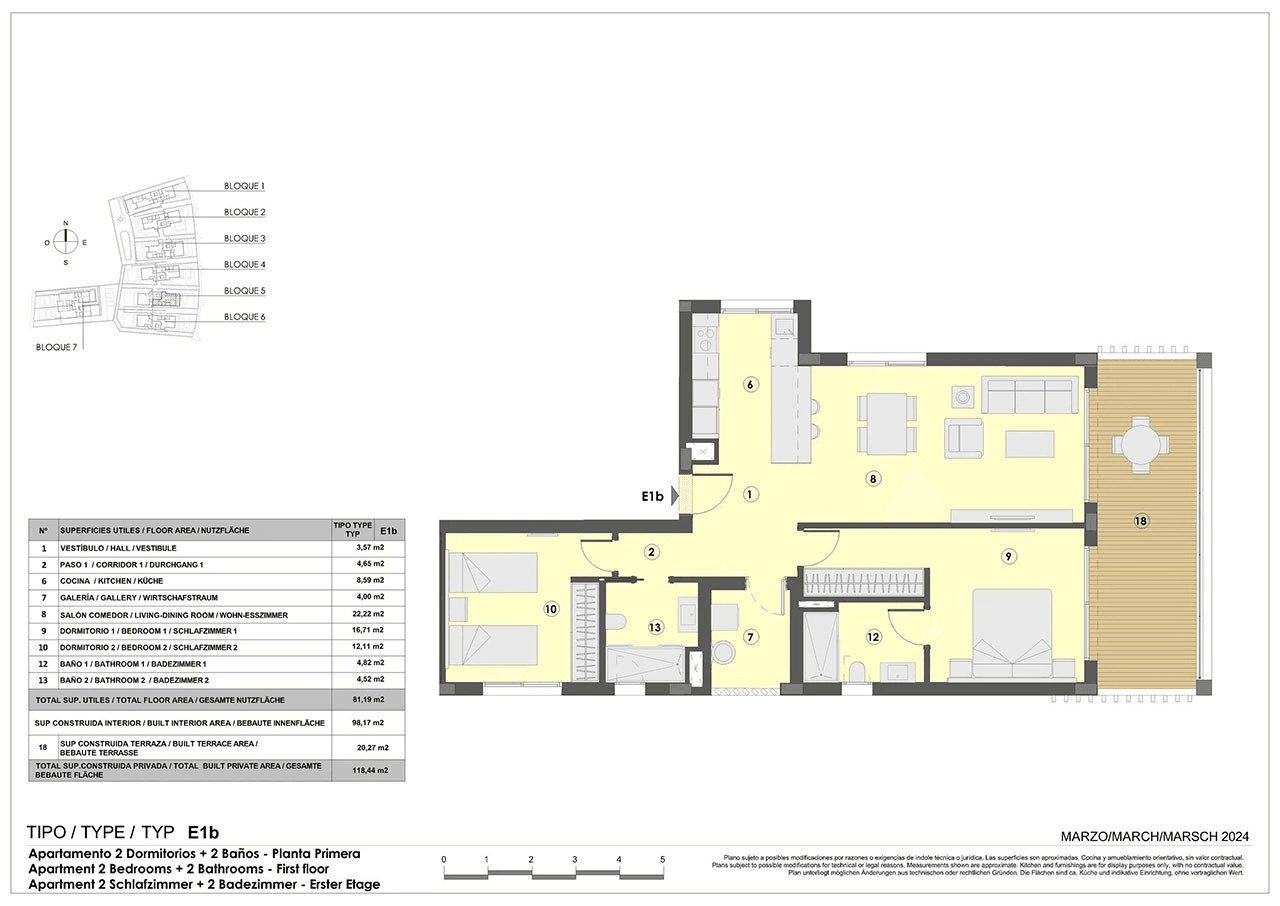 Appartements mit 2 Schlafzimmern, 2 Bädern, Fußbodenheizung in Bädern, Klimaanlage und Gemeinschaftspool nur 300 m vom Strand