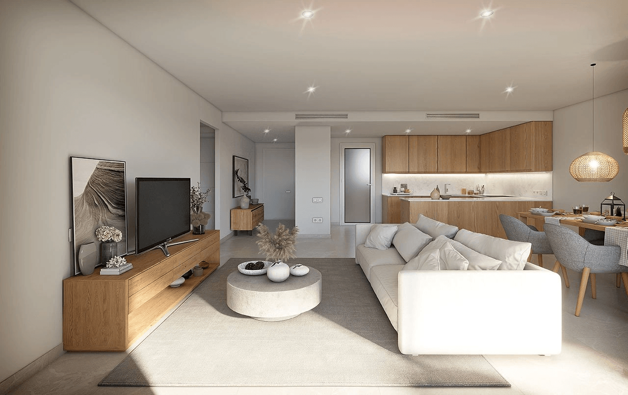 Appartements avec 2 chambres, 2 salles de bains, climatisation, piscine commune, place de parking souterrain et vue sur la mer