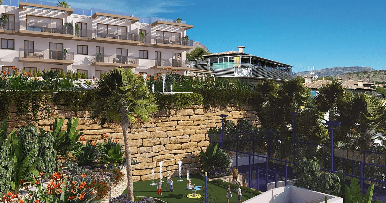 Maisons mitoyennes avec 4 chambres, 3 salles de bains, WC invités, vue sur la mer, climatisation, place de parking et piscine commune