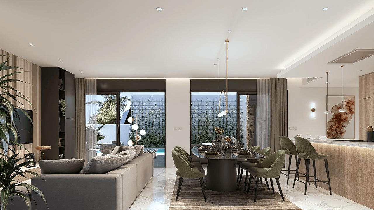 Villas plain-pied de 3 chambres avec toit-terrasse, cuisines équipées d’électroménagers, climatisation, parking privé et piscine privée