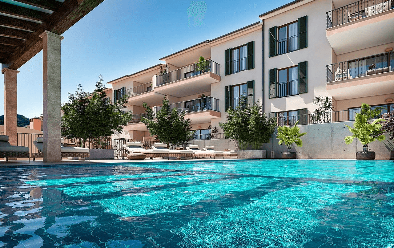 Appartements avec 2 chambres, 2 salles de bains, climatisation, piscine commune, place de parking souterrain et vue sur la mer