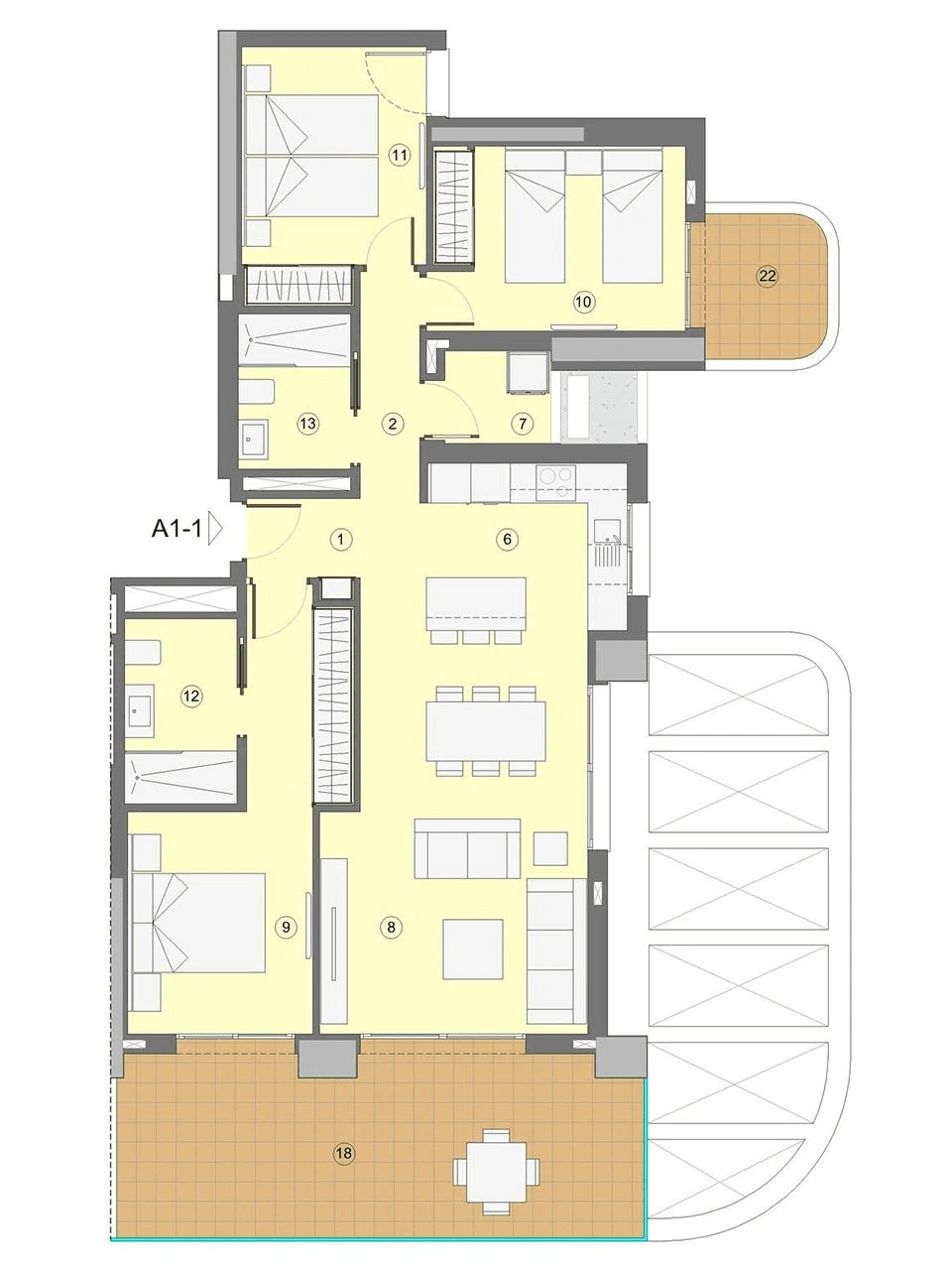 Appartements avec 3 chambres, 2 salles de bain, climatisation et vue sur la mer à seulement 1 km de la plage