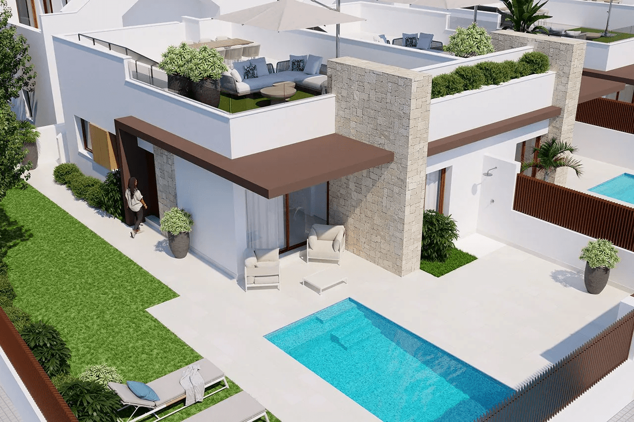 Maisons jumelées avec 2 chambres, 2 salles de bains, parking privée et piscine privée dans un complexe de golf