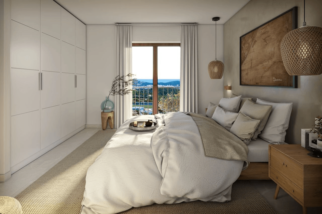 Appartements avec 2 chambres, 2 salles de bains, climatisation, piscine commune, place de parking souterrain et vue sur la mer