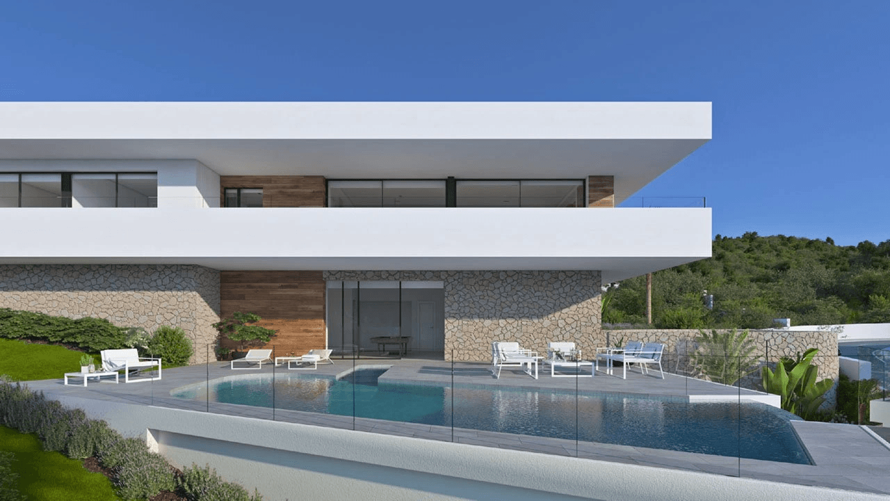 Villa de luxe avec 3 chambres, 2 salles de bains, 2 W.C., cave, climatisation, chauffage au sol, piscine privé et vue sur la mer