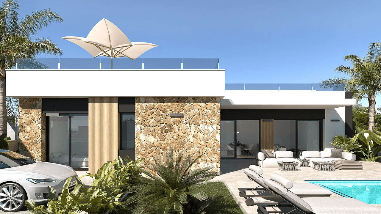 Villas plain-pied de 3 chambres avec toit-terrasse, cuisines équipées d’électroménagers, climatisation, parking privé et piscine privée
