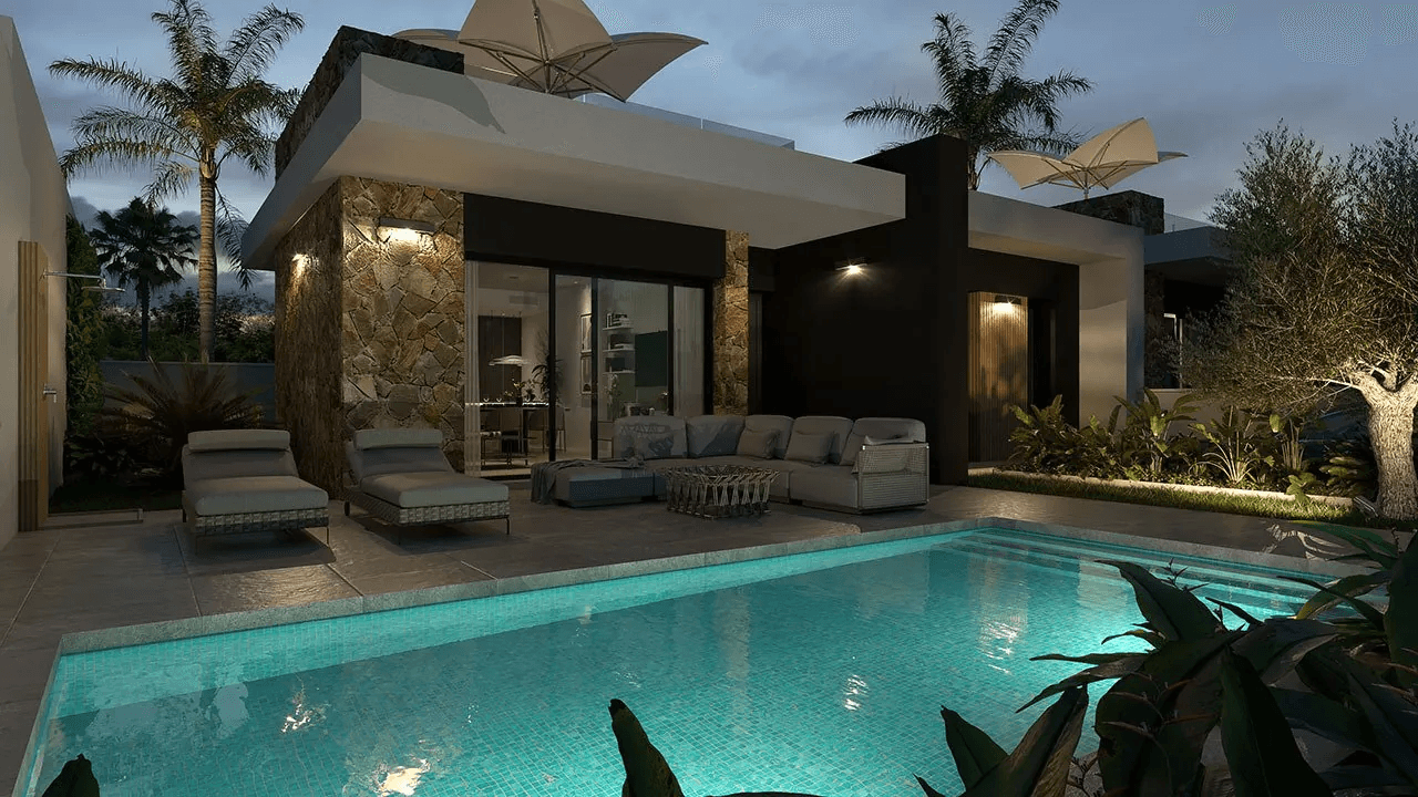 Villas plain-pied de 3 chambres avec toit-terrasse, cuisines équipées d’électroménagers, climatisation, parking privé et piscine privée