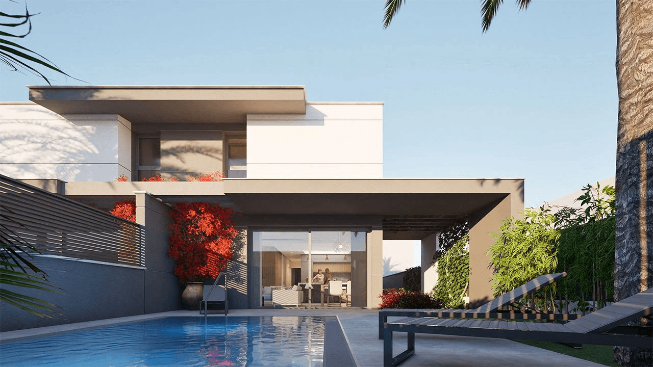 Villas jumelées avec 3 chambres, 3 salles de bains, terrasse sur le toit, pré-installation de la climatisation et piscine privée