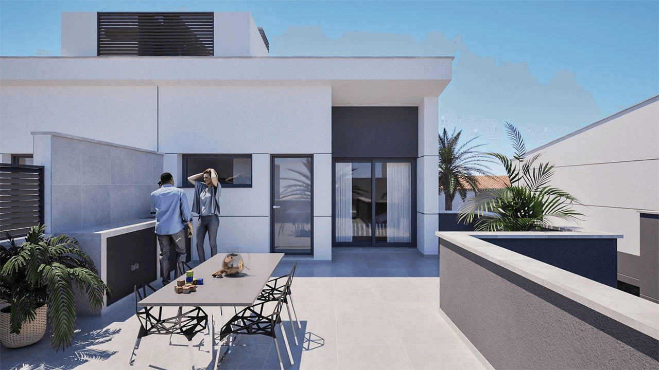 Villas jumelées avec 3 chambres, 3 salles de bains, terrasse sur le toit, pré-installation de la climatisation et piscine privée