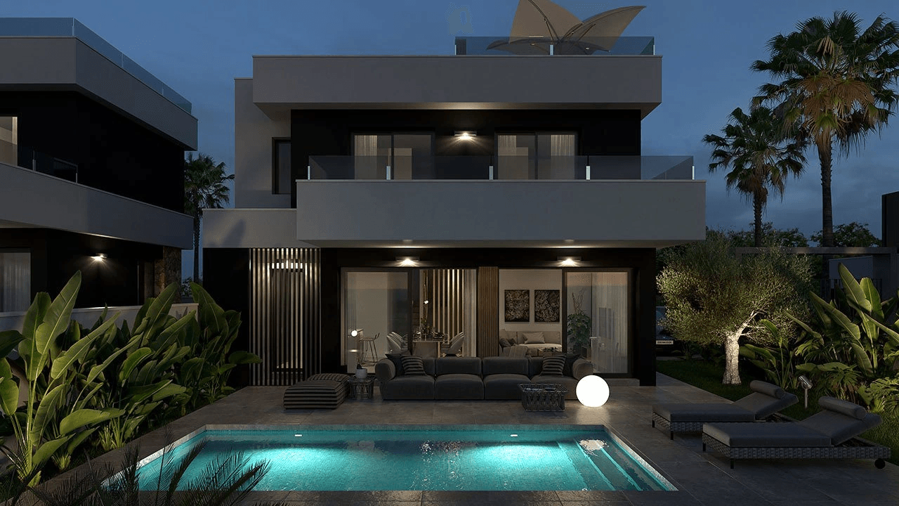 Villas sur deux étages avec 3 chambres, toit-terrasse, cuisines équipées d’électroménagers, climatisation, parking privé et piscine privée