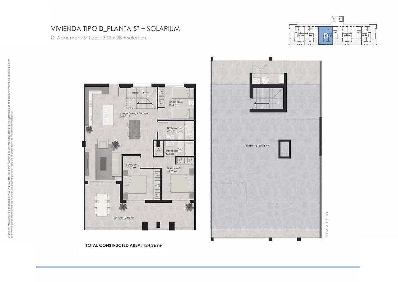 Penthouses avec 3 chambres, terrasse sur le toit, climatisation pré-installation, parking privé et piscine communautaire à seulement 700 m de la plage