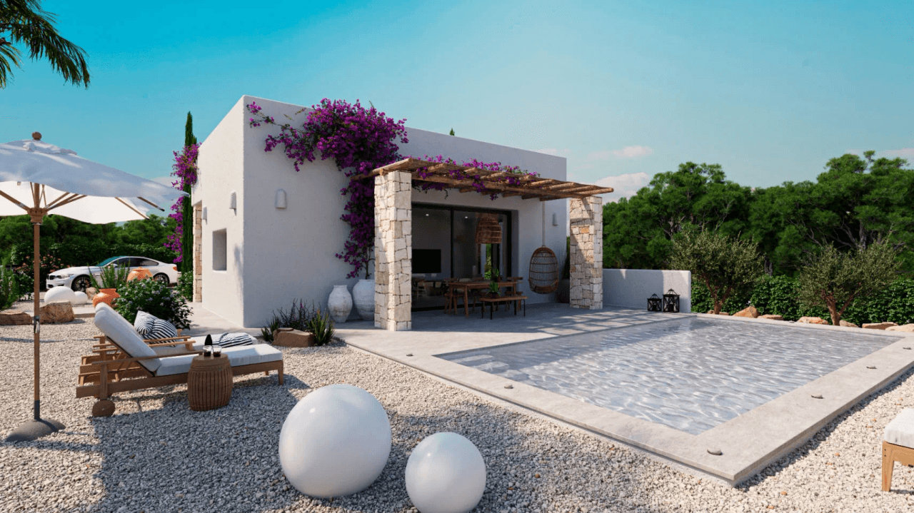 Sehr schönes Neubauprojekt im Ibiza Stil auf einem großen flachen Grundstück in Denia