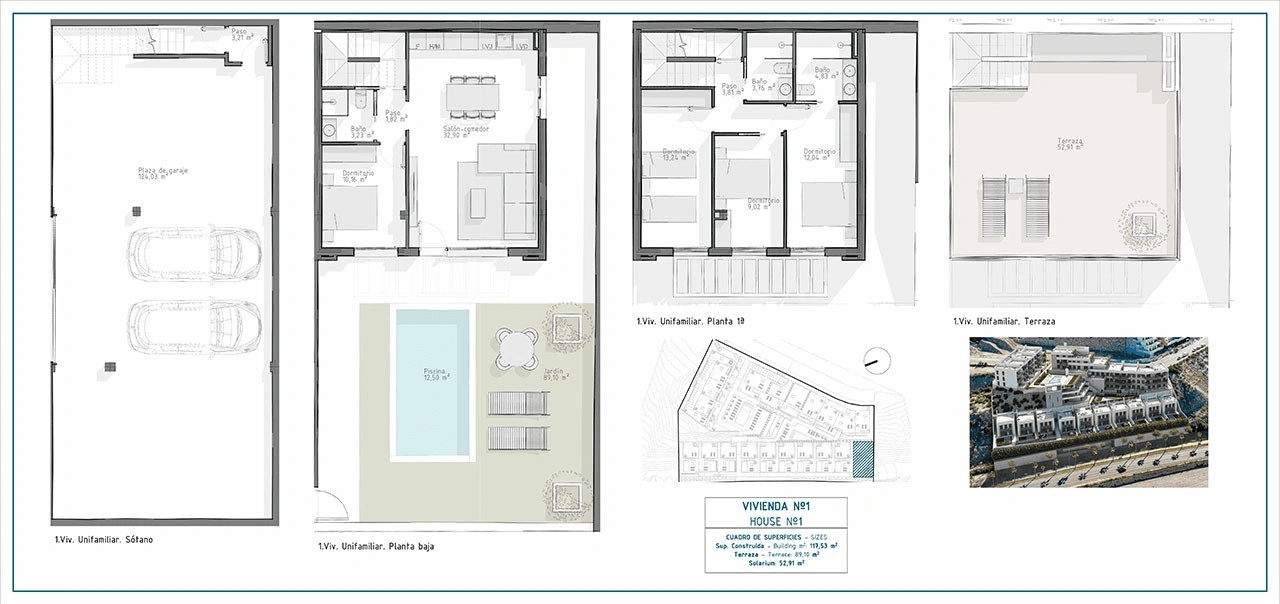 Villas avec 4 chambres, 3 salles de bain, toit-terrace, parking privé et piscine commune à environ 700 m de la plage