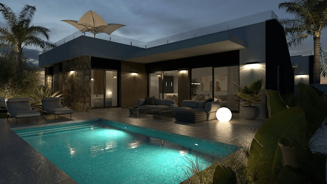 Villas plain-pied de 3 chambres avec toit-terrasse, cuisines équipées d’électroménagers, climatisation, parking privé et piscine privée