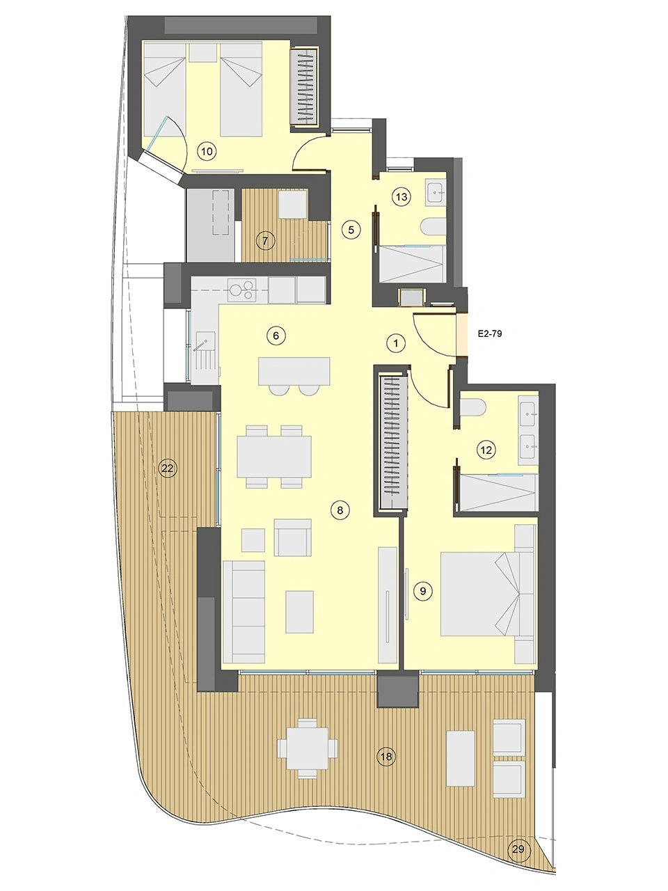 Appartements avec 2 chambres, 2 salles de bain, climatisation et vue sur la mer à seulement 100 m de la plage