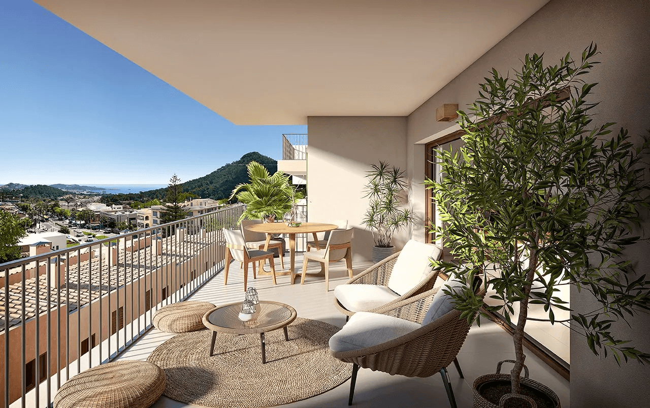 Appartements avec 2 chambres, 2 salles de bains, climatisation, piscine commune, place de parking souterrain et vue sur la mer