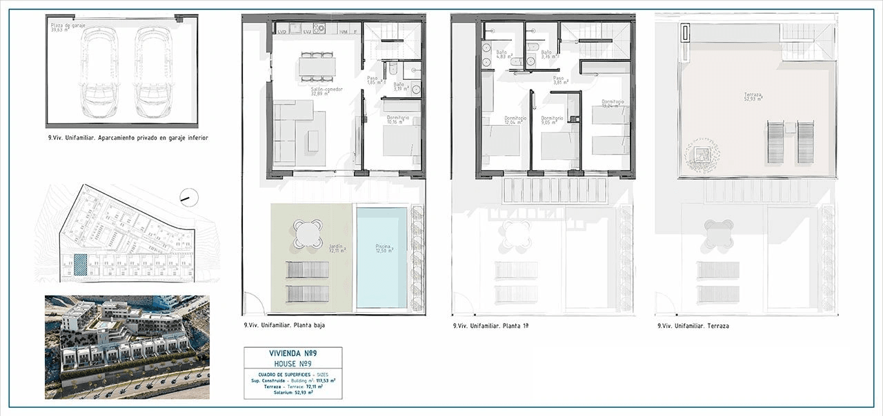 Villas avec 4 chambres, 3 salles de bain, toit-terrace, parking privé et piscine commune à environ 700 m de la plage