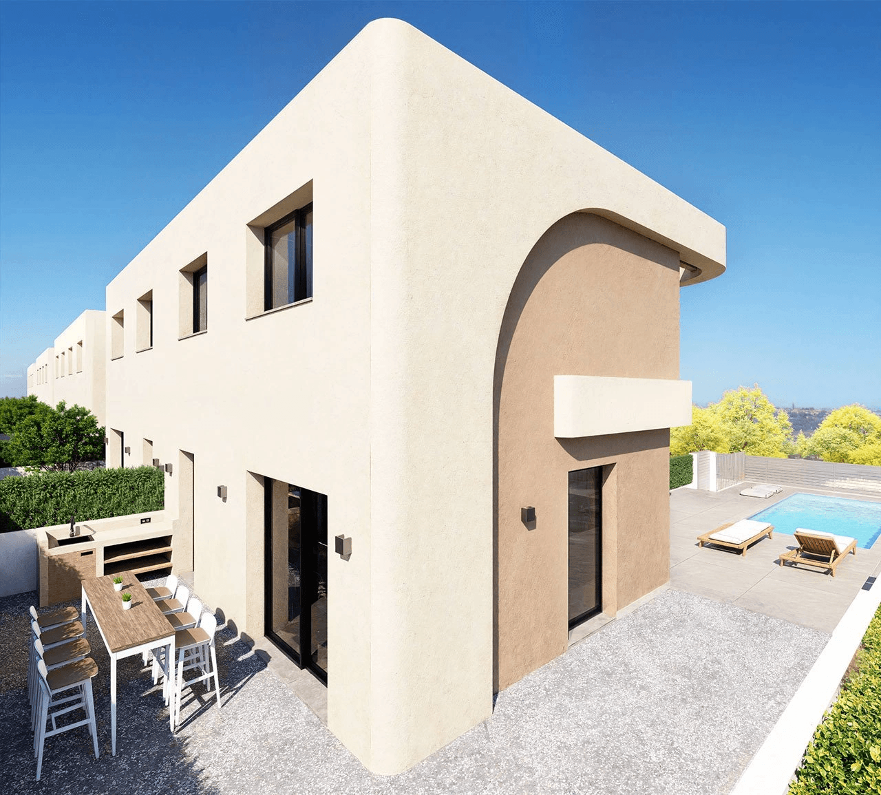 Villas jumelées avec 3 chambres, 2 salles de bains, WC invités, terrasse sur le toit, place de parking et piscine privée en option