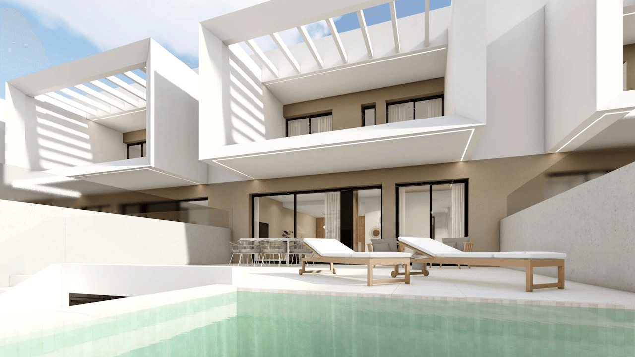 Maisons mitoyennes spacieuses avec 3 chambres, 2 salles de bains, W.C., piscine privée et parking privée