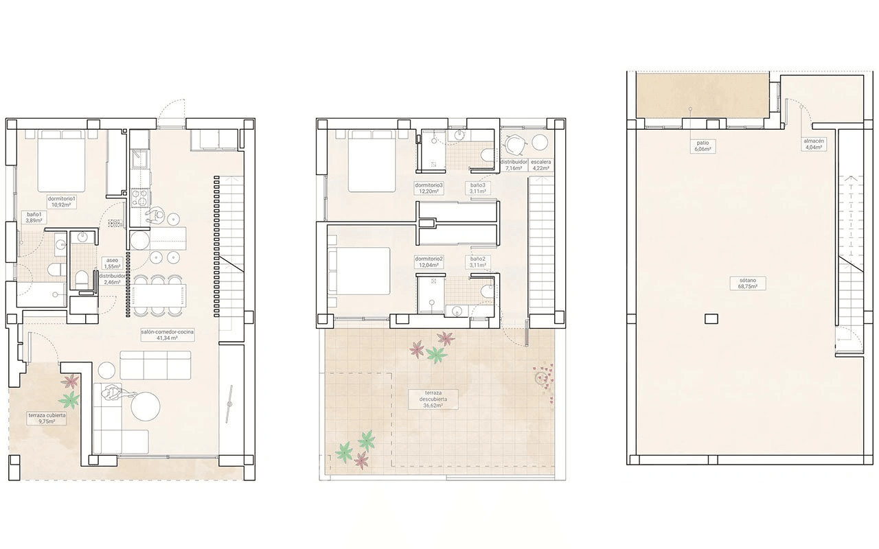 Modernas villas de 3 dormitorios y 3 baños con aseo, sótano, aire acondicionado y piscina privada en un paisaje muy bonito