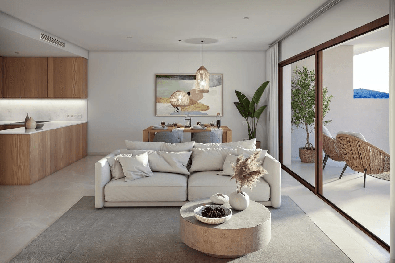 Appartements avec 2 chambres, 2 salles de bains, climatisation, piscine commune, place de parking souterrain et vue sur la mer