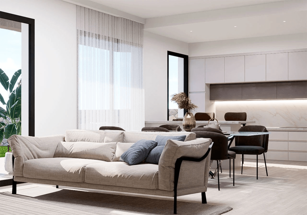 Appartements de 3 chambres au rez-de-chaussée avec 2 salles de bains, piscine communautaire et vue sur la mer