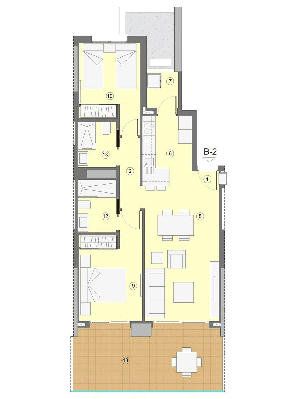 Appartements avec 2 chambres, 2 salles de bain, climatisation et vue sur la mer à seulement 1 km de la plage