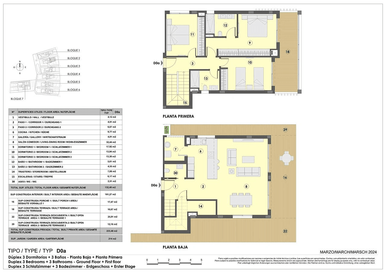 Maisonette-Wohnungen mit 3 Schlafzimmern, 2 Bädern, Gäste-WC, Fußbodenheizung in Bädern, Klimaanlage und Gemeinschaftspool nur 300 m vom Strand
