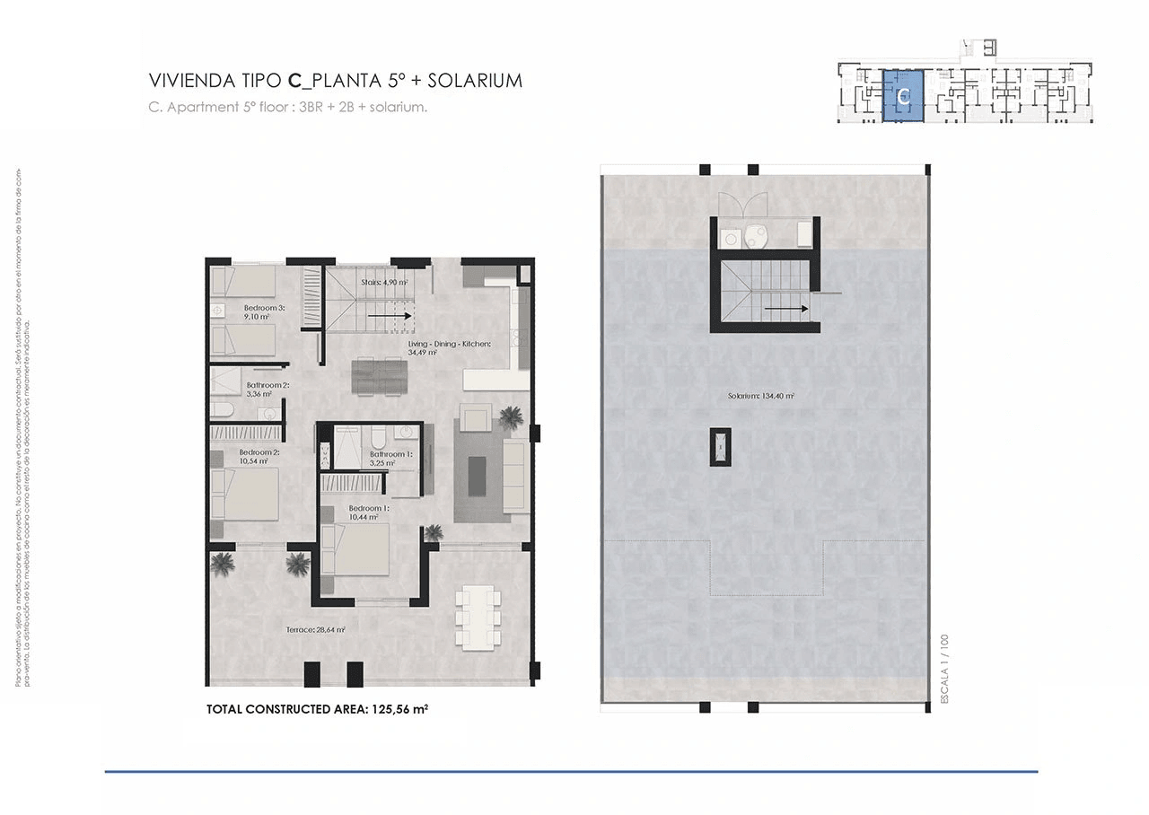 Penthouses avec 3 chambres, terrasse sur le toit, climatisation pré-installation, parking privé et piscine communautaire à seulement 700 m de la plage