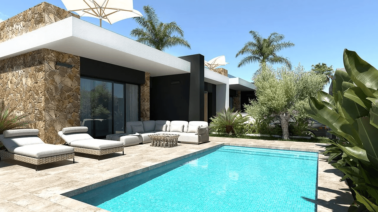 Villas plain-pied de 3 chambres avec toit-terrasse, cuisines équipées d’électroménagers, climatisation, parking privé et piscine privée