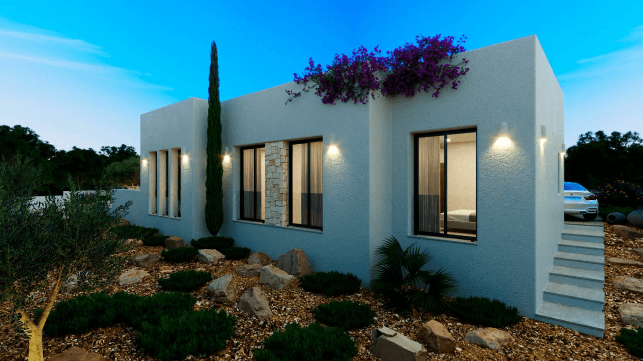 Sehr schönes Neubauprojekt im Ibiza Stil auf einem großen flachen Grundstück in Denia