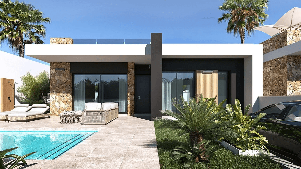 Villas plain-pied de 3 chambres avec toit-terrasse, cuisines équipées d’électroménagers, climatisation, parking privé et piscine privée