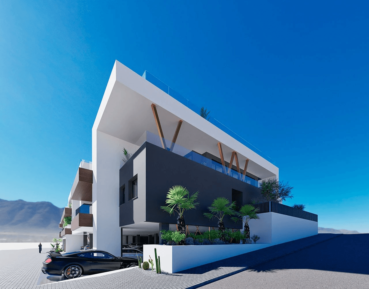Penthouses avec 2 chambres, 2 salles de bain, toit-terrace, piscine privée et cuisine équipée moderne avec des appareils électriques
