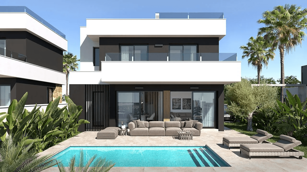 Villas sur deux étages avec 3 chambres, toit-terrasse, cuisines équipées d’électroménagers, climatisation, parking privé et piscine privée