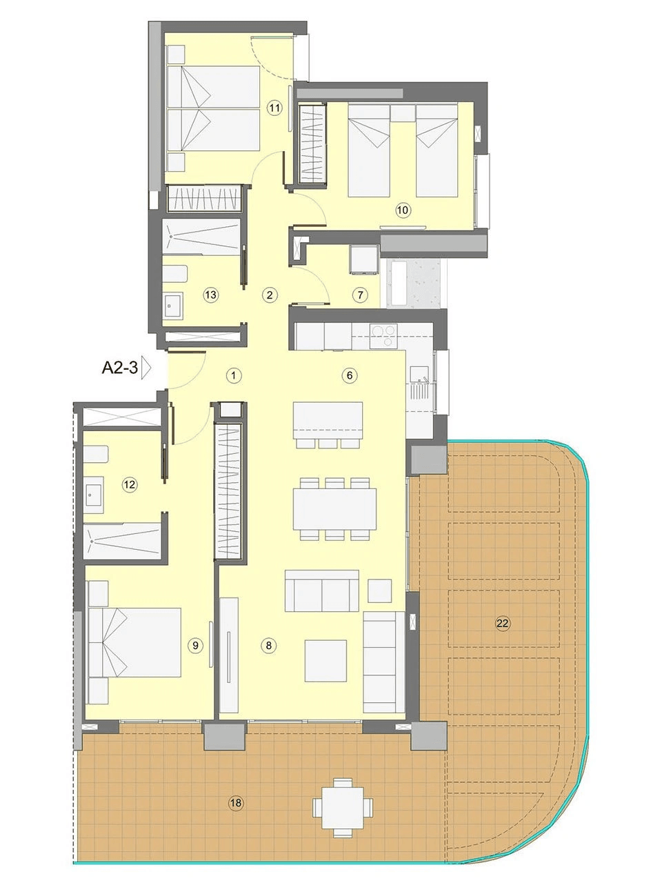 Appartements avec 3 chambres, 2 salles de bain, climatisation et vue sur la mer à seulement 1 km de la plage