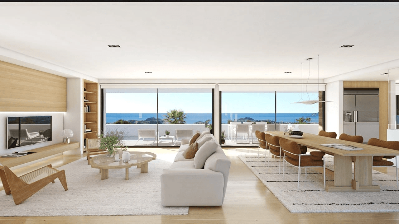 Villa de luxe avec 3 chambres, 2 salles de bains, 2 W.C., cave, climatisation, chauffage au sol, piscine privé et vue sur la mer