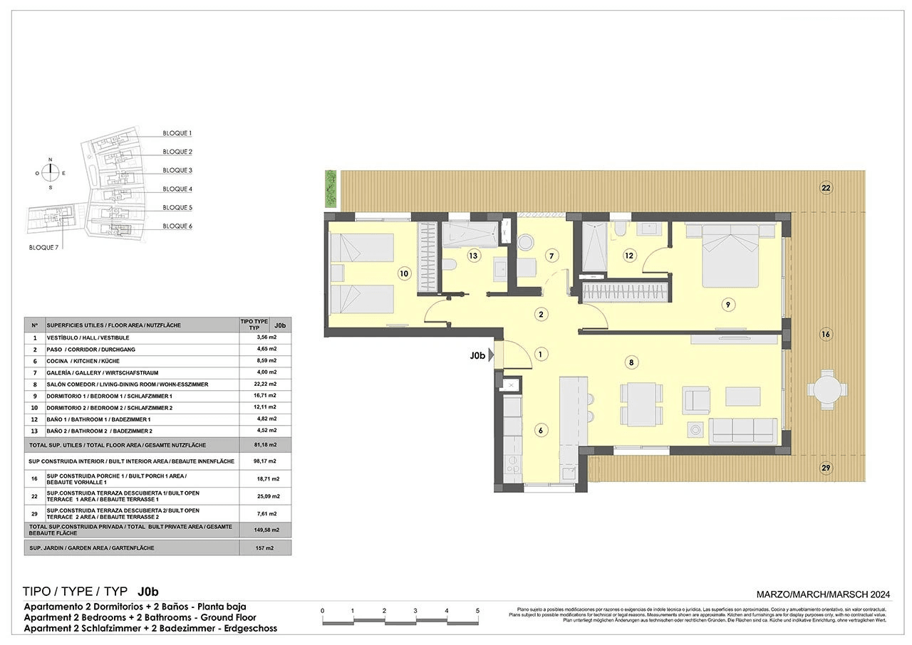 Appartements mit 2 Schlafzimmern, 2 Bädern, Fußbodenheizung in Bädern, Klimaanlage und Gemeinschaftspool nur 300 m vom Strand