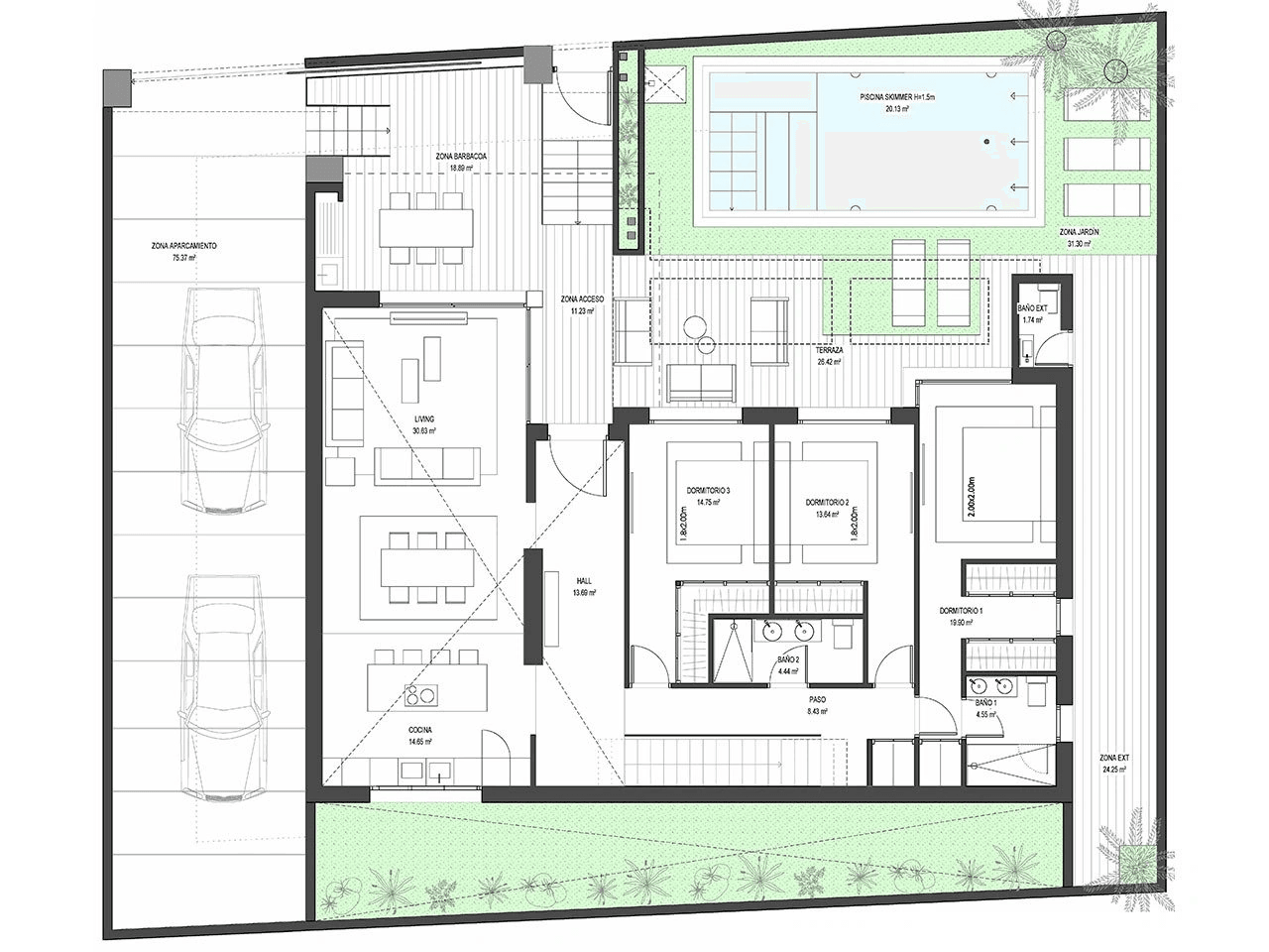 Villas de 3 dormitorios y 2 baños con 2 aseos, sótano, solario, aire acondicionado y piscina privada en el maravilloso Santa Rosalía Resort