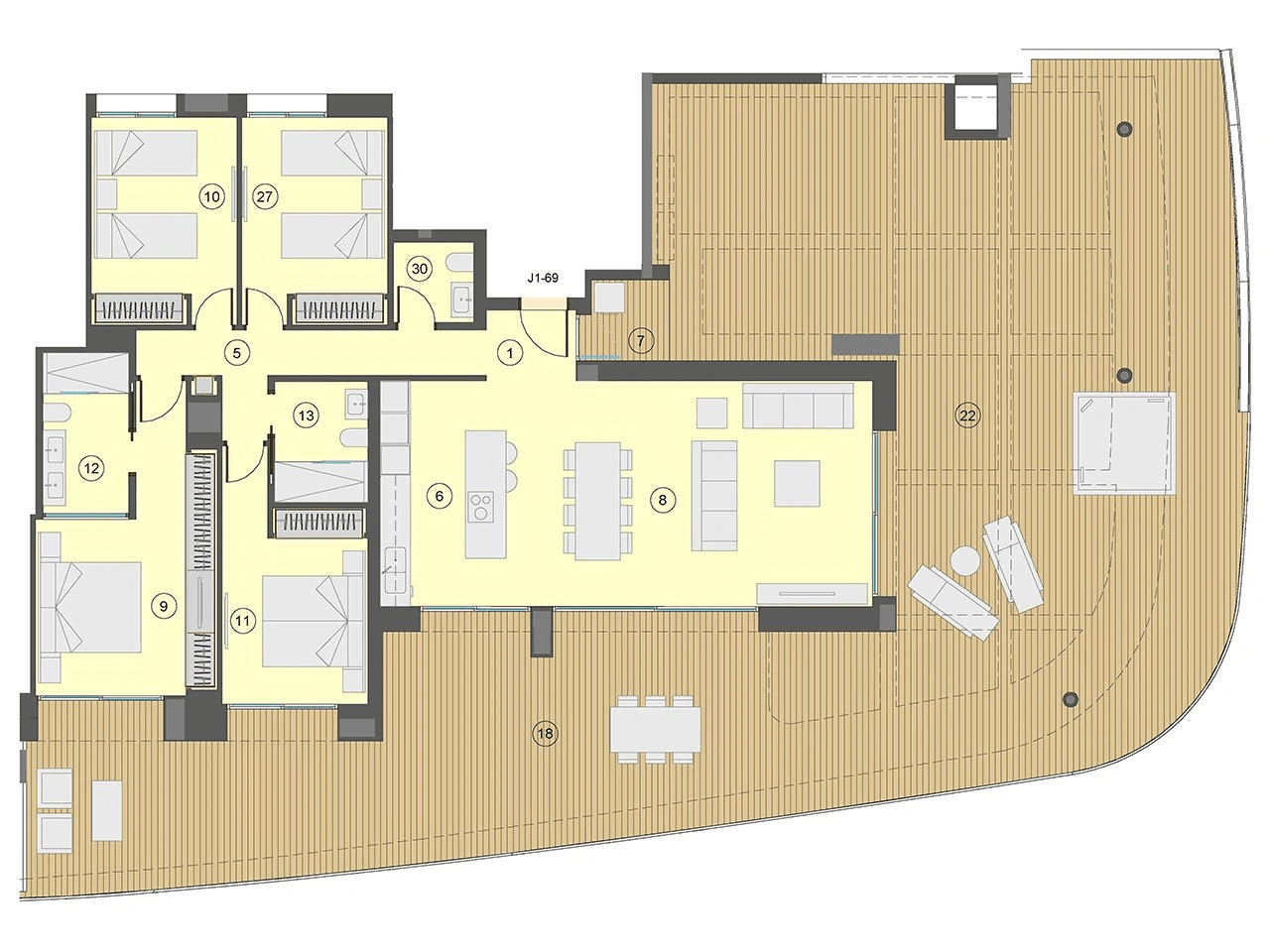Appartements avec 4 chambres, 2 salles de bain, W.C., climatisation et vue sur la mer à seulement 100 m de la plage