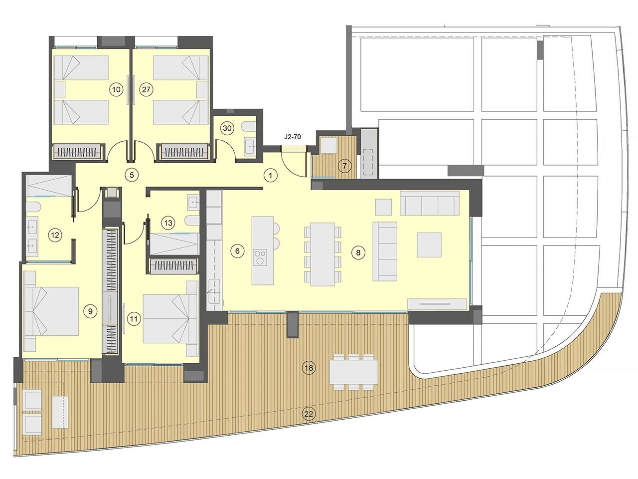 Appartements avec 4 chambres, 2 salles de bain, W.C., climatisation et vue sur la mer à seulement 100 m de la plage