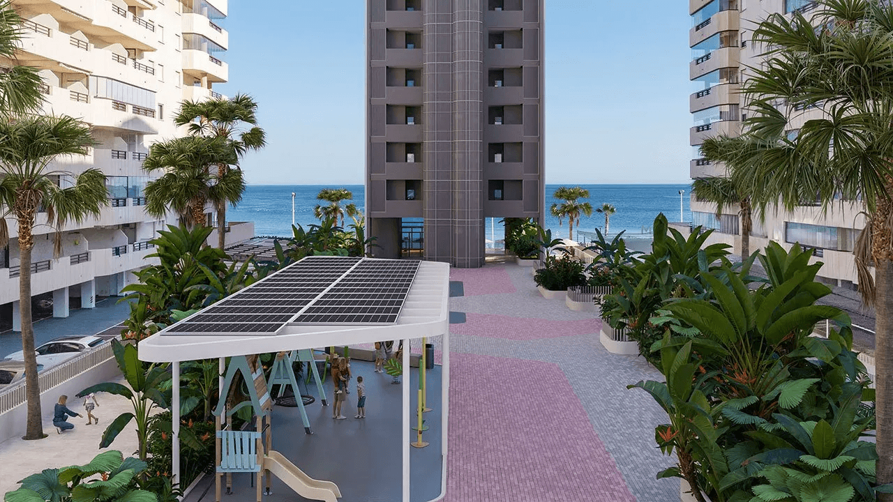 Appartements avec 1 chambre, 1 salle de bain, climatisation, chauffage au sol dans les salles de bains et vue sur la mer en première ligne de la plage