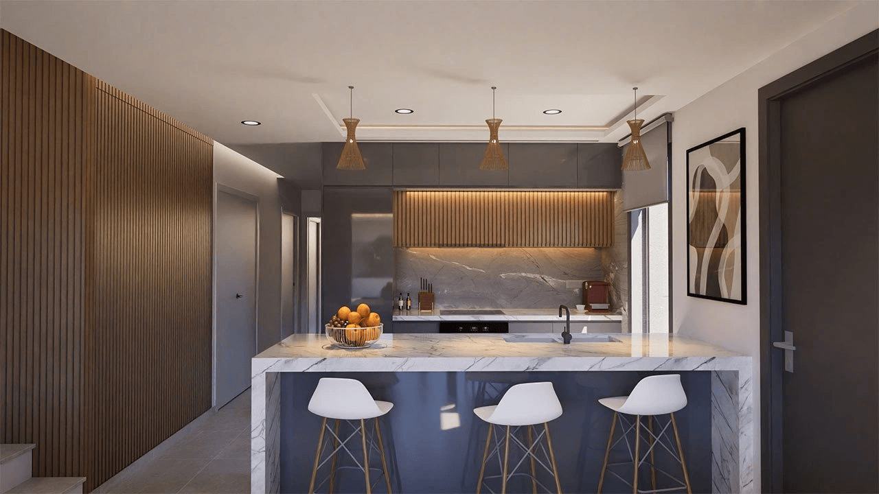 Villas jumelées avec 3 chambres, 3 salles de bains, terrasse sur le toit, pré-installation de la climatisation et piscine privée