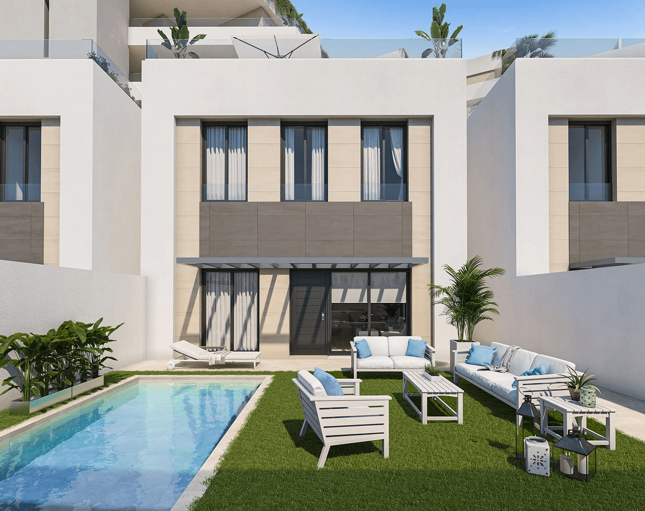 Villas avec 4 chambres, 3 salles de bain, toit-terrace, parking privé et piscine commune à environ 700 m de la plage