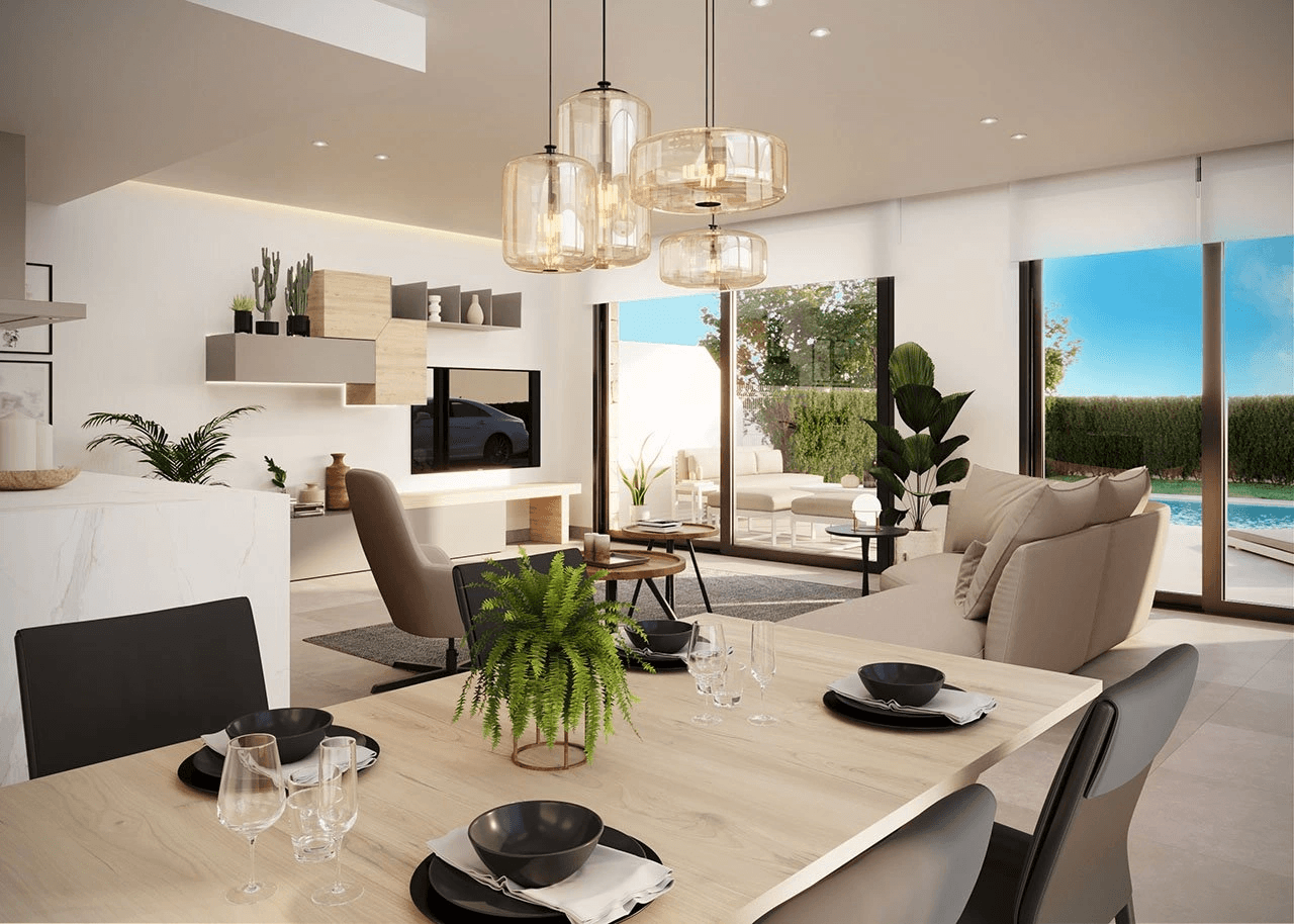 Villas jumelées avec 3 chambres à coucher, 3 salles de bain, chauffage par le sol, climatisation et piscine commune à seulement 500 m de la plage