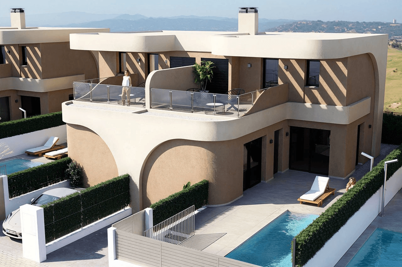 Villas jumelées avec 3 chambres, 2 salles de bains, WC invités, terrasse sur le toit, place de parking et piscine privée en option