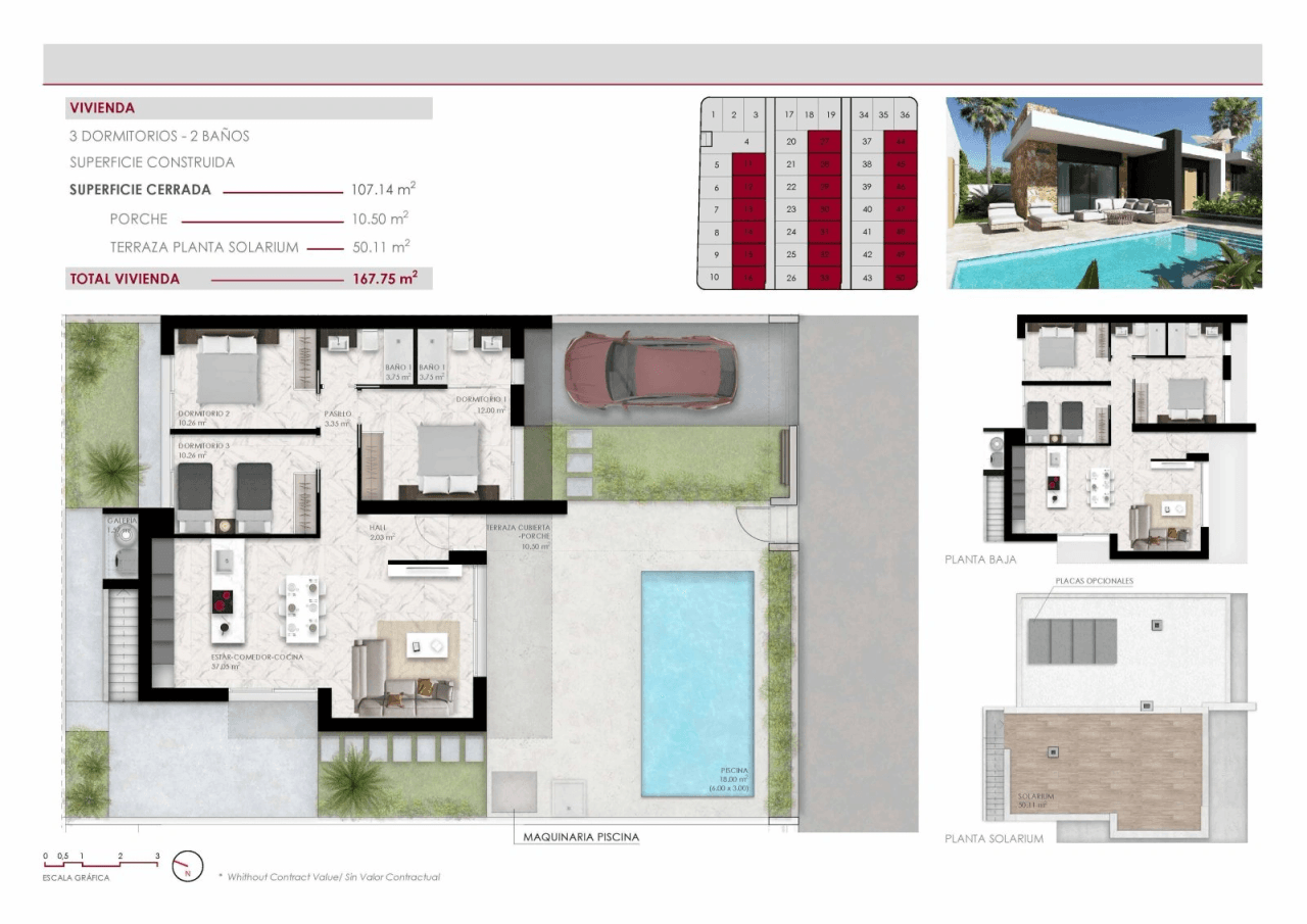 Villas plain-pied de 3 chambres avec toit-terrasse, cuisines équipées d’électroménagers, climatisation, parking privé et piscine privée